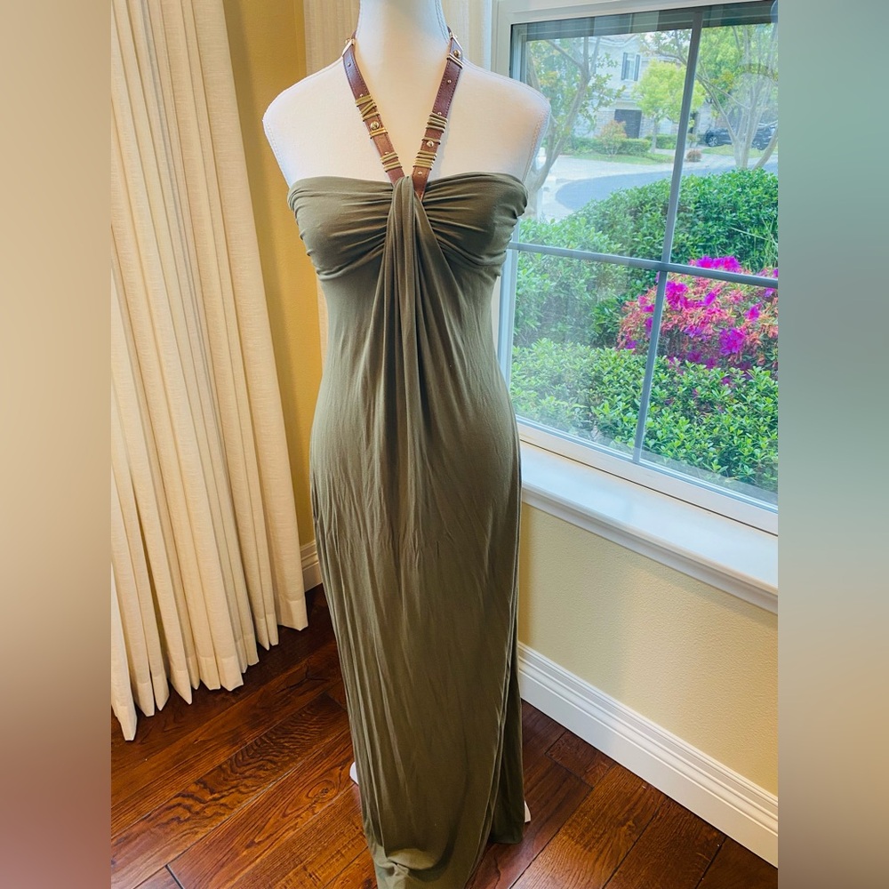 Cache summer dress. Lovely strap leather & gold detail. Size XS. Olive green.